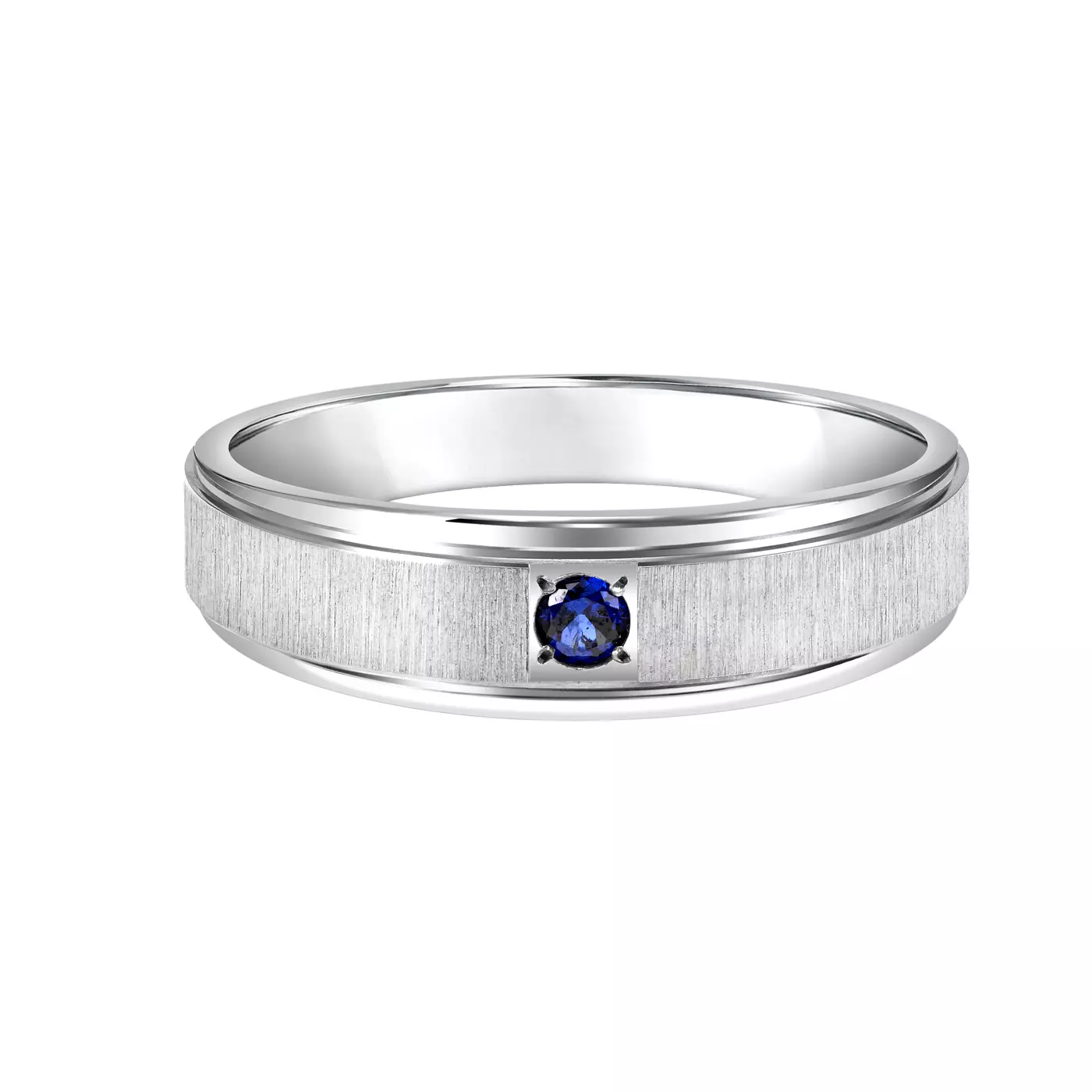 A 14K White Gold Blue Sapphire Ring for Men: 6.00 mm wide Comfort-Fit band with a brushed center finish, high-polished edges, and a striking Blue Sapphire accent.