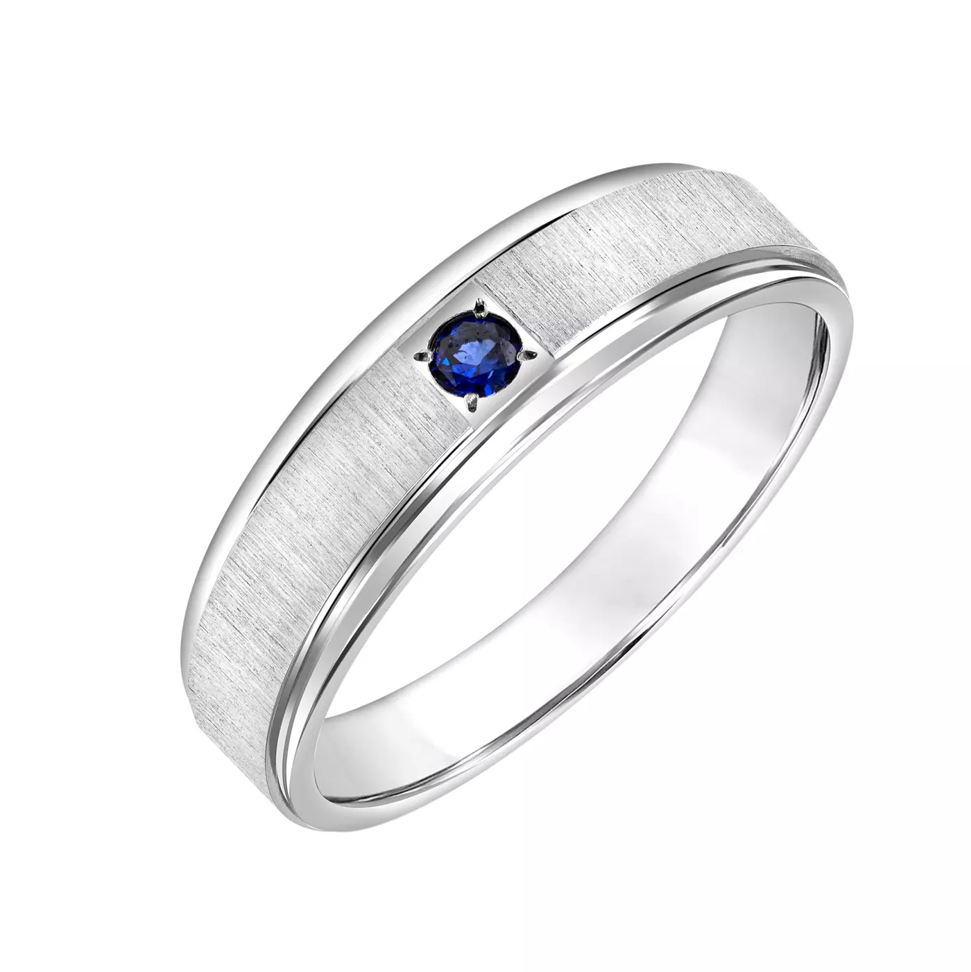 A 14K White Gold Blue Sapphire Ring for Men: 6.00 mm wide Comfort-Fit band with a brushed center finish, high-polished edges, and a striking Blue Sapphire accent.