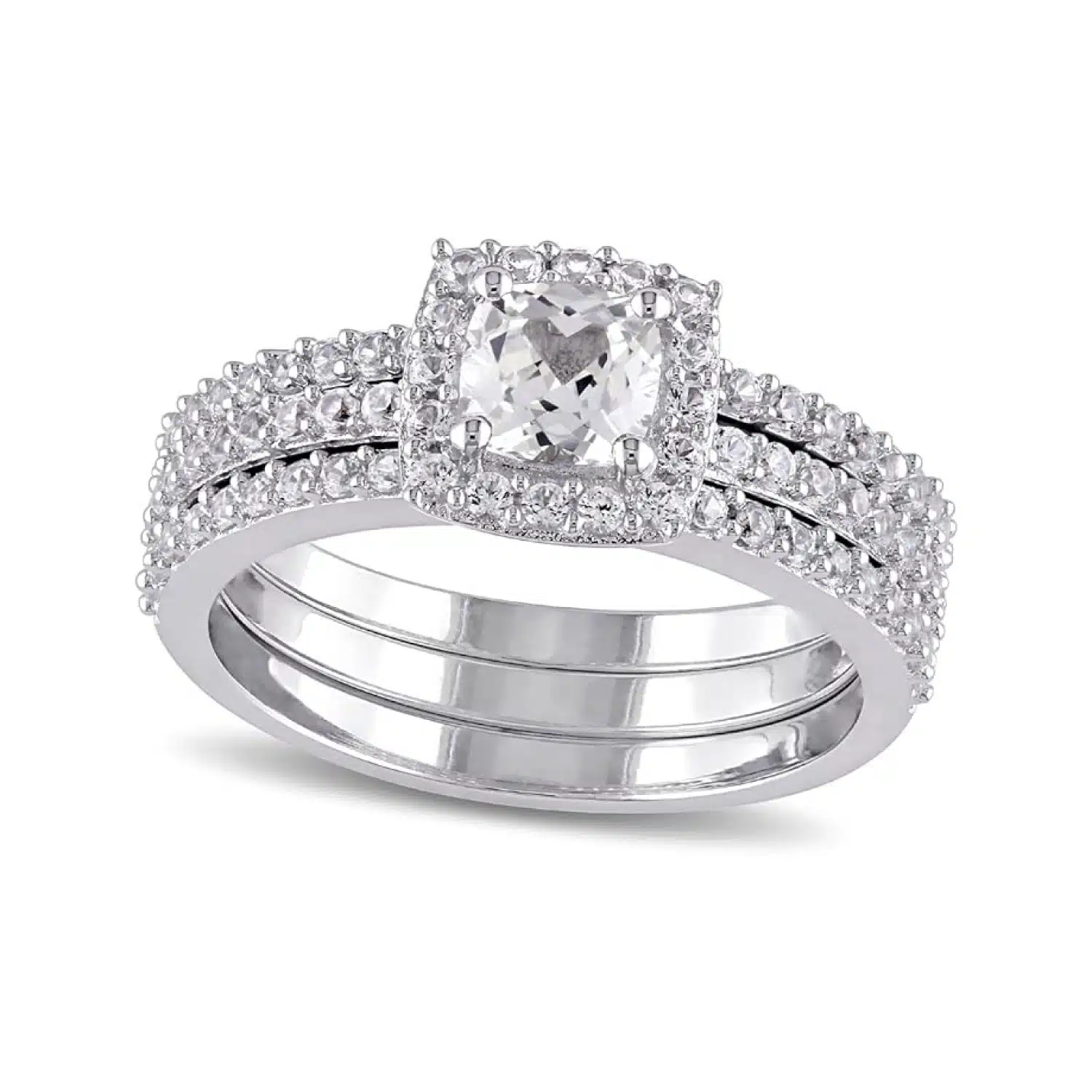 A 0.925 Sterling Silver and White Sapphire Rings engagement ring featuring an 0.72 CT Cushion Cut Lab Created White Sapphire center stone surrounded by 80 Round White Sapphires, totaling 1.29 Carat Total Weight.