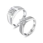 A set of Unique Matching Wedding Bands His and Hers in 0.925 Sterling Silver, featuring Round Natural Diamonds with D Color and VVS1 Clarity in a 1.0 Carat solitaire style.