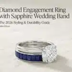 Feature image for an article titled 'Diamond Engagement Ring with Sapphire Wedding Band: The 2026 Styling & Durability Guide' by Mehedi Hasan, showing a white gold or platinum diamond solitaire engagement ring stacked with a channel-set blue sapphire eternity wedding band.