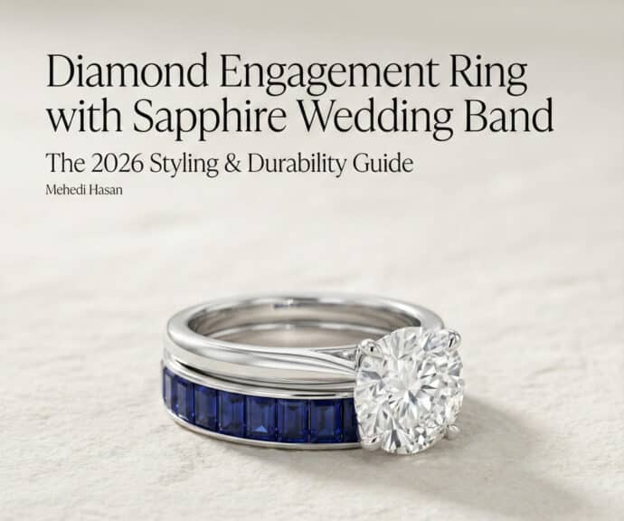 Feature image for an article titled 'Diamond Engagement Ring with Sapphire Wedding Band: The 2026 Styling & Durability Guide' by Mehedi Hasan, showing a white gold or platinum diamond solitaire engagement ring stacked with a channel-set blue sapphire eternity wedding band.
