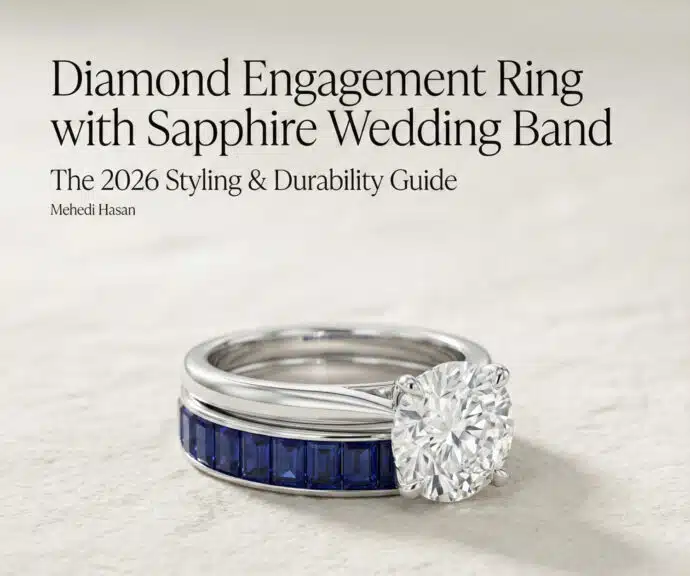 Feature image for an article titled 'Diamond Engagement Ring with Sapphire Wedding Band: The 2026 Styling & Durability Guide' by Mehedi Hasan, showing a white gold or platinum diamond solitaire engagement ring stacked with a channel-set blue sapphire eternity wedding band.