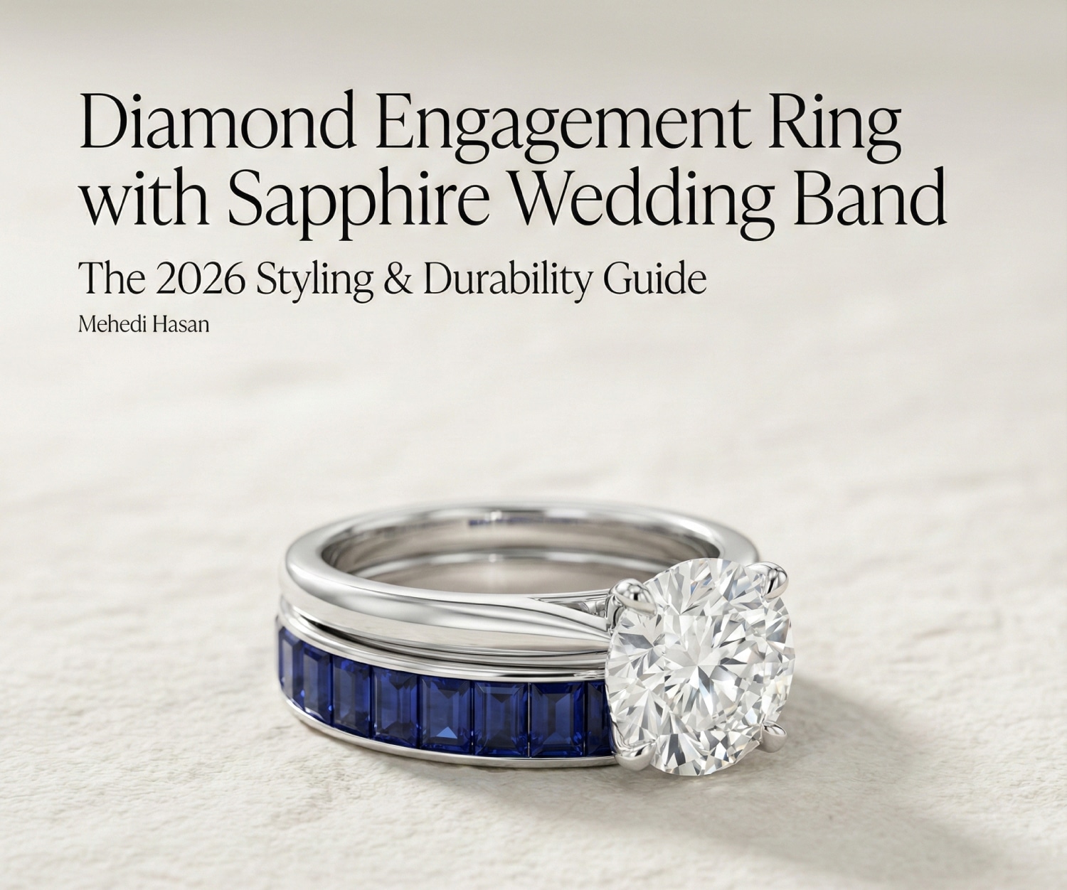 Feature image for an article titled 'Diamond Engagement Ring with Sapphire Wedding Band: The 2026 Styling & Durability Guide' by Mehedi Hasan, showing a white gold or platinum diamond solitaire engagement ring stacked with a channel-set blue sapphire eternity wedding band.