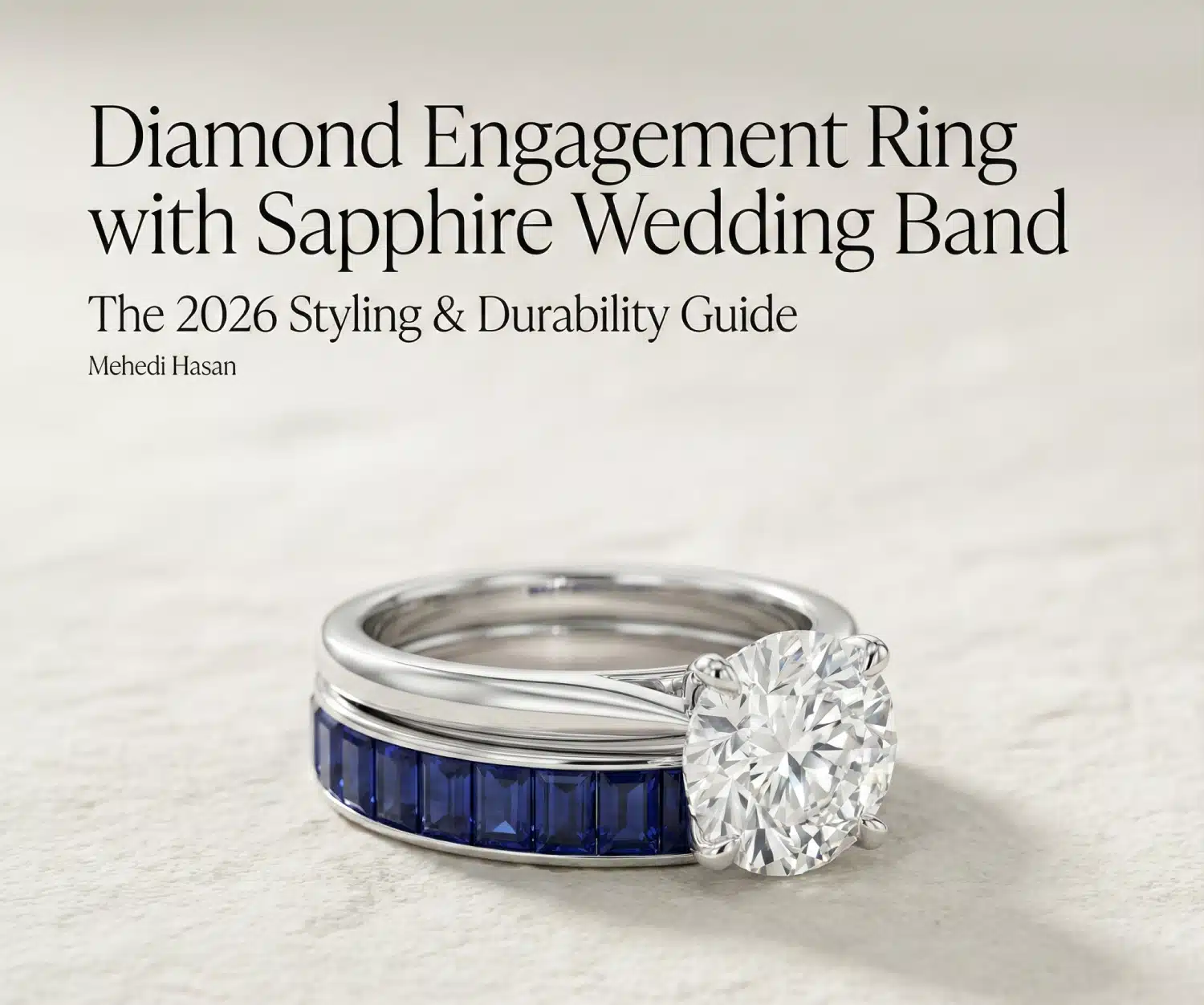 Feature image for an article titled 'Diamond Engagement Ring with Sapphire Wedding Band: The 2026 Styling & Durability Guide' by Mehedi Hasan, showing a white gold or platinum diamond solitaire engagement ring stacked with a channel-set blue sapphire eternity wedding band.