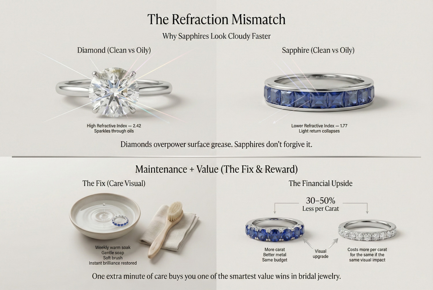 Infographic detailing the differences between diamonds and sapphires, focusing on the Refraction Mismatch, Maintenance, and Value.The top section compares a diamond engagement ring and a sapphire eternity band, explaining that the diamond has a 'High Refractive Index = 2.42' allowing it to 'Sparkle through oils,' while the sapphire has a 'Lower Refractive Index = 1.77' causing 'Light return collapses,' which is why 'Sapphires Look Cloudy Faster' from oil and grime.The bottom section covers 'Maintenance + Value.' 'The Fix (Care Visual)' shows a sapphire ring being cleaned with a weekly warm soak, gentle soap, and a soft brush for 'instant brilliance restored.''The Financial Upside' shows that sapphires are '30-50% Less per Carat' than diamonds, allowing you to get 'More carat, Better metal, Same budget' for a 'Visual upgrade,' while diamonds cost 'more per carat for the same if the same visual impact.'