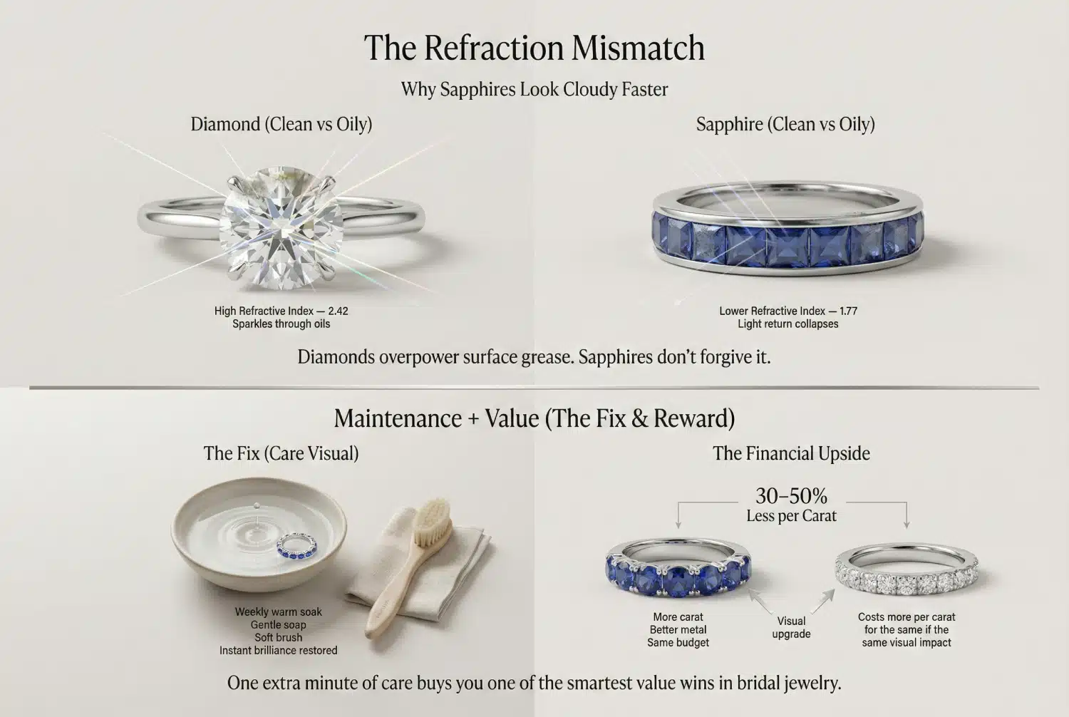 Infographic detailing the differences between diamonds and sapphires, focusing on the Refraction Mismatch, Maintenance, and Value.
The top section compares a diamond engagement ring and a sapphire eternity band, explaining that the diamond has a 'High Refractive Index = 2.42' allowing it to 'Sparkle through oils,' while the sapphire has a 'Lower Refractive Index = 1.77' causing 'Light return collapses,' which is why 'Sapphires Look Cloudy Faster' from oil and grime.
The bottom section covers 'Maintenance + Value.' 'The Fix (Care Visual)' shows a sapphire ring being cleaned with a weekly warm soak, gentle soap, and a soft brush for 'instant brilliance restored.'
'The Financial Upside' shows that sapphires are '30-50% Less per Carat' than diamonds, allowing you to get 'More carat, Better metal, Same budget' for a 'Visual upgrade,' while diamonds cost 'more per carat for the same if the same visual impact.'