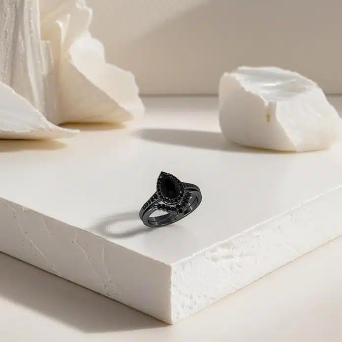 drop-tear-black-onyx-moissanite-black-wedding-ring-set-for-her-3ct 2 A 3.0 CT Drop-Tear Black Onyx and AAAAA Moissanite Black Wedding Ring Set For Her in 925 Sterling Silver with a Black Gold plating option.