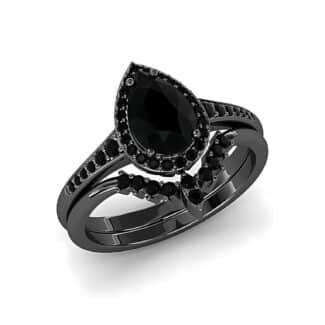 A 3.0 CT Drop-Tear Black Onyx and AAAAA Moissanite Black Wedding Ring Set For Her in 925 Sterling Silver with a Black Gold plating option.