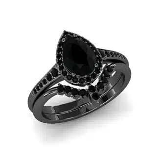 A 3.0 CT Drop-Tear Black Onyx and AAAAA Moissanite Black Wedding Ring Set For Her in 925 Sterling Silver with a Black Gold plating option.