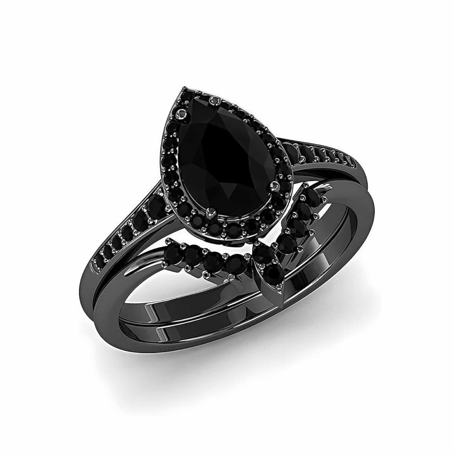drop-tear-black-onyx-moissanite-black-wedding-ring-set-for-her-3ct A 3.0 CT Drop-Tear Black Onyx and AAAAA Moissanite Black Wedding Ring Set For Her in 925 Sterling Silver with a Black Gold plating option.