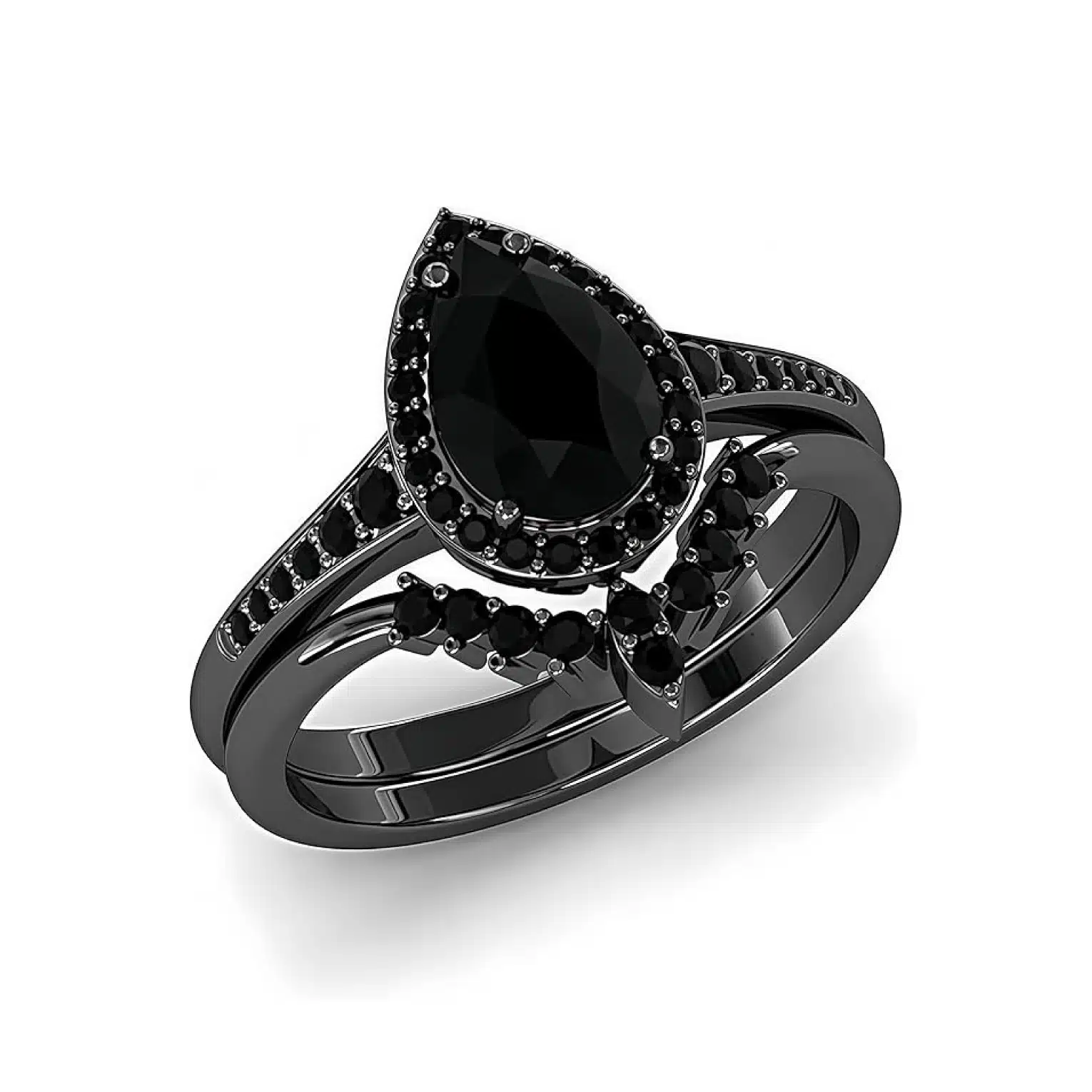 drop-tear-black-onyx-moissanite-black-wedding-ring-set-for-her-3ct A 3.0 CT Drop-Tear Black Onyx and AAAAA Moissanite Black Wedding Ring Set For Her in 925 Sterling Silver with a Black Gold plating option.