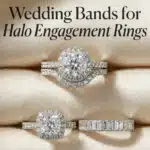 Minimalist flat lay photo showing two diamond halo engagement rings; one with a perfectly fitted curved wedding band, and another with a stylish straight band creating a gap.