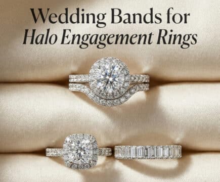 Minimalist flat lay photo showing two diamond halo engagement rings; one with a perfectly fitted curved wedding band, and another with a stylish straight band creating a gap.