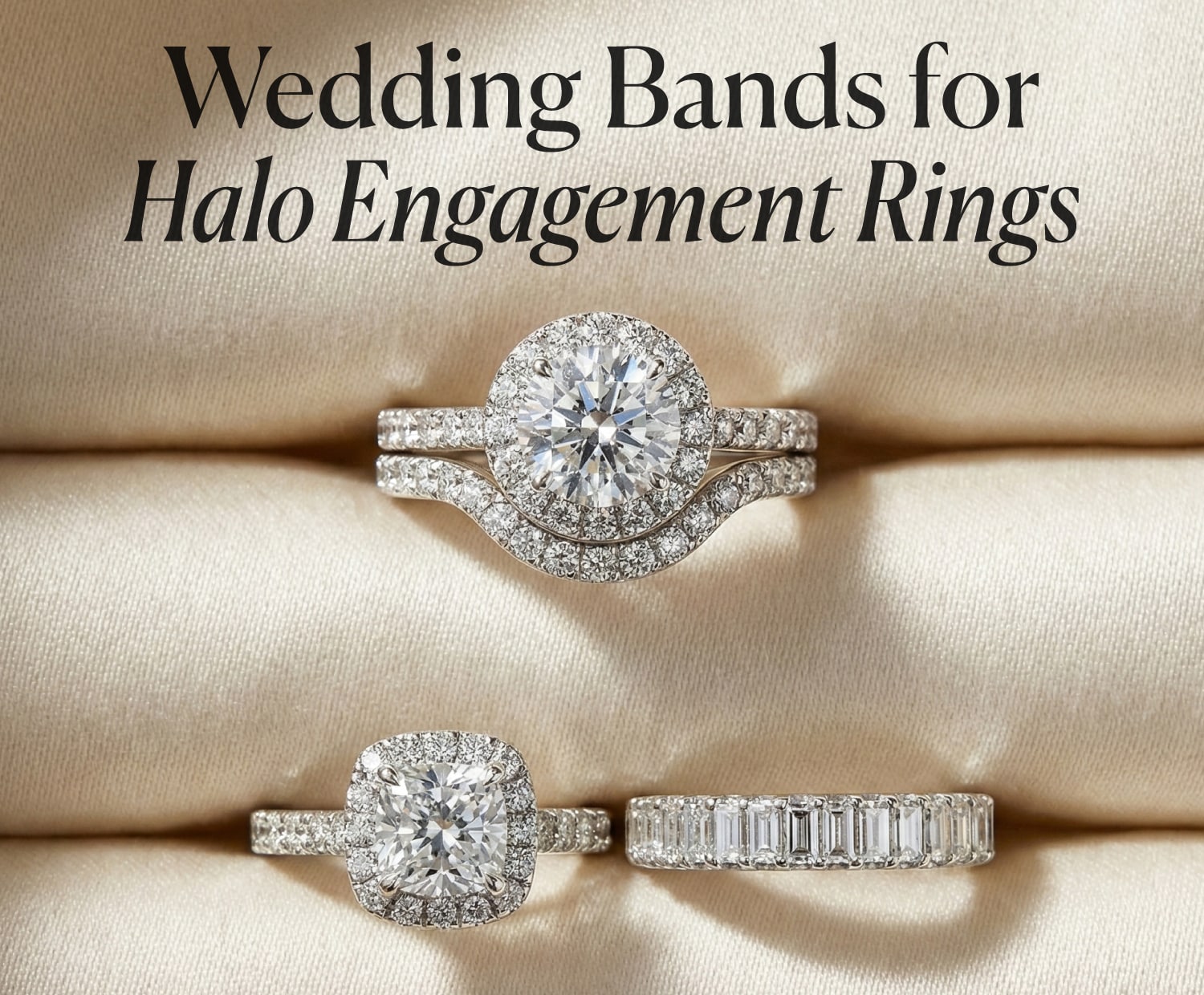 Minimalist flat lay photo showing two diamond halo engagement rings; one with a perfectly fitted curved wedding band, and another with a stylish straight band creating a gap.