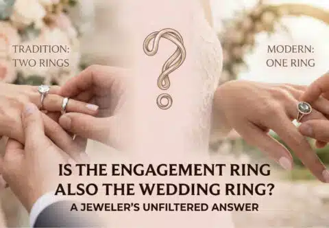 Feature image: A close-up of a couple's hands displaying mismatched and stacked rings, symbolizing the decision of whether to use one ring or two rings for the engagement and wedding commitment.