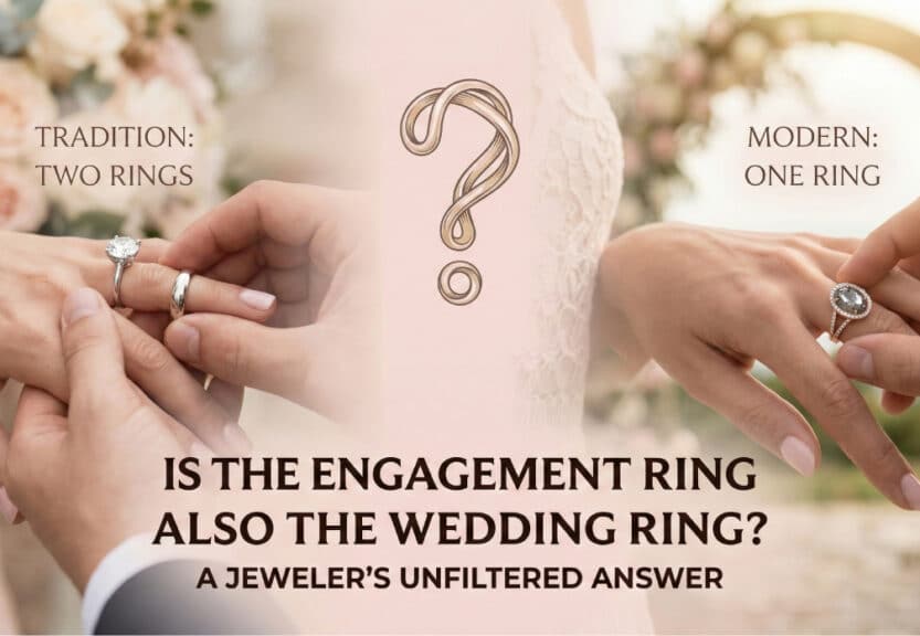 Feature image: A close-up of a couple's hands displaying mismatched and stacked rings, symbolizing the decision of whether to use one ring or two rings for the engagement and wedding commitment.