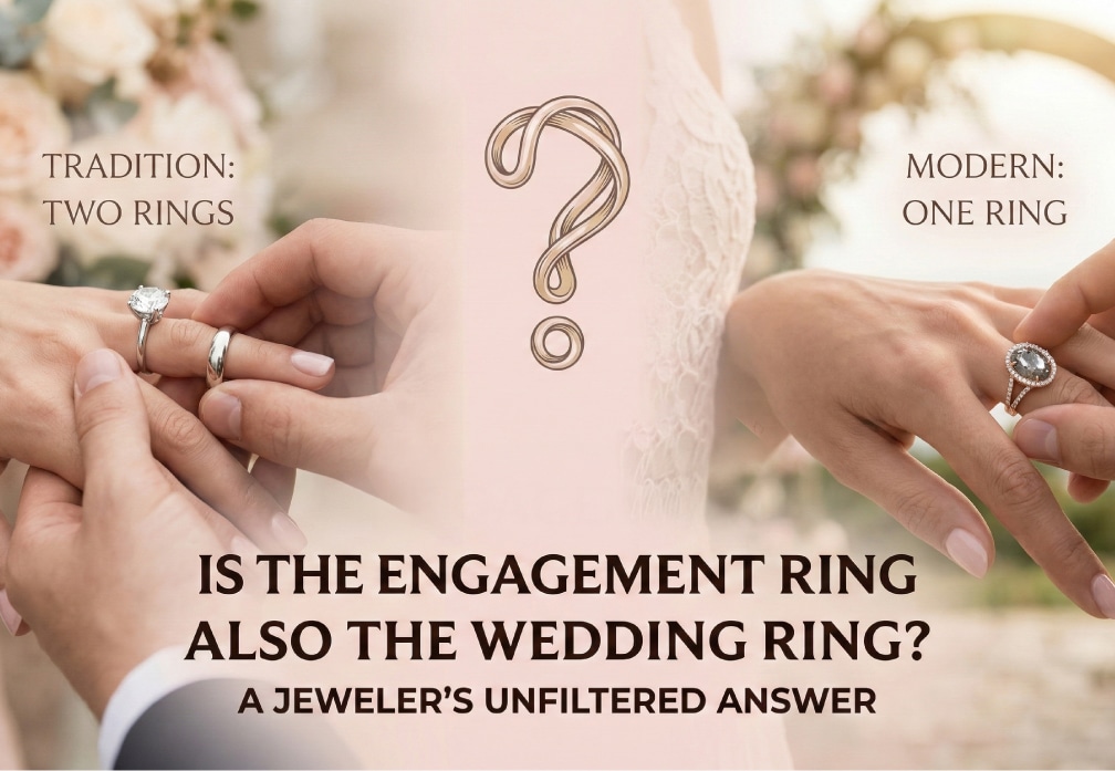 Feature image: A close-up of a couple's hands displaying mismatched and stacked rings, symbolizing the decision of whether to use one ring or two rings for the engagement and wedding commitment.