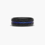 An 8.00mm wide Black and Blue Mens Wedding Ring made of Cobalt metal with a faceted exterior and a central blue stripe inlay.