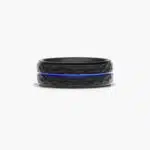 An 8.00mm wide Black and Blue Mens Wedding Ring made of Cobalt metal with a faceted exterior and a central blue stripe inlay.