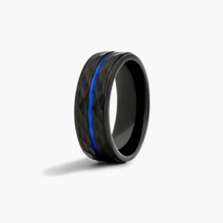 An 8.00mm wide Black and Blue Mens Wedding Ring made of Cobalt metal with a faceted exterior and a central blue stripe inlay.