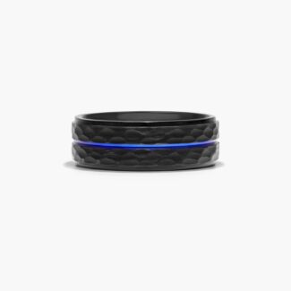 An 8.00mm wide Black and Blue Mens Wedding Ring made of Cobalt metal with a faceted exterior and a central blue stripe inlay.