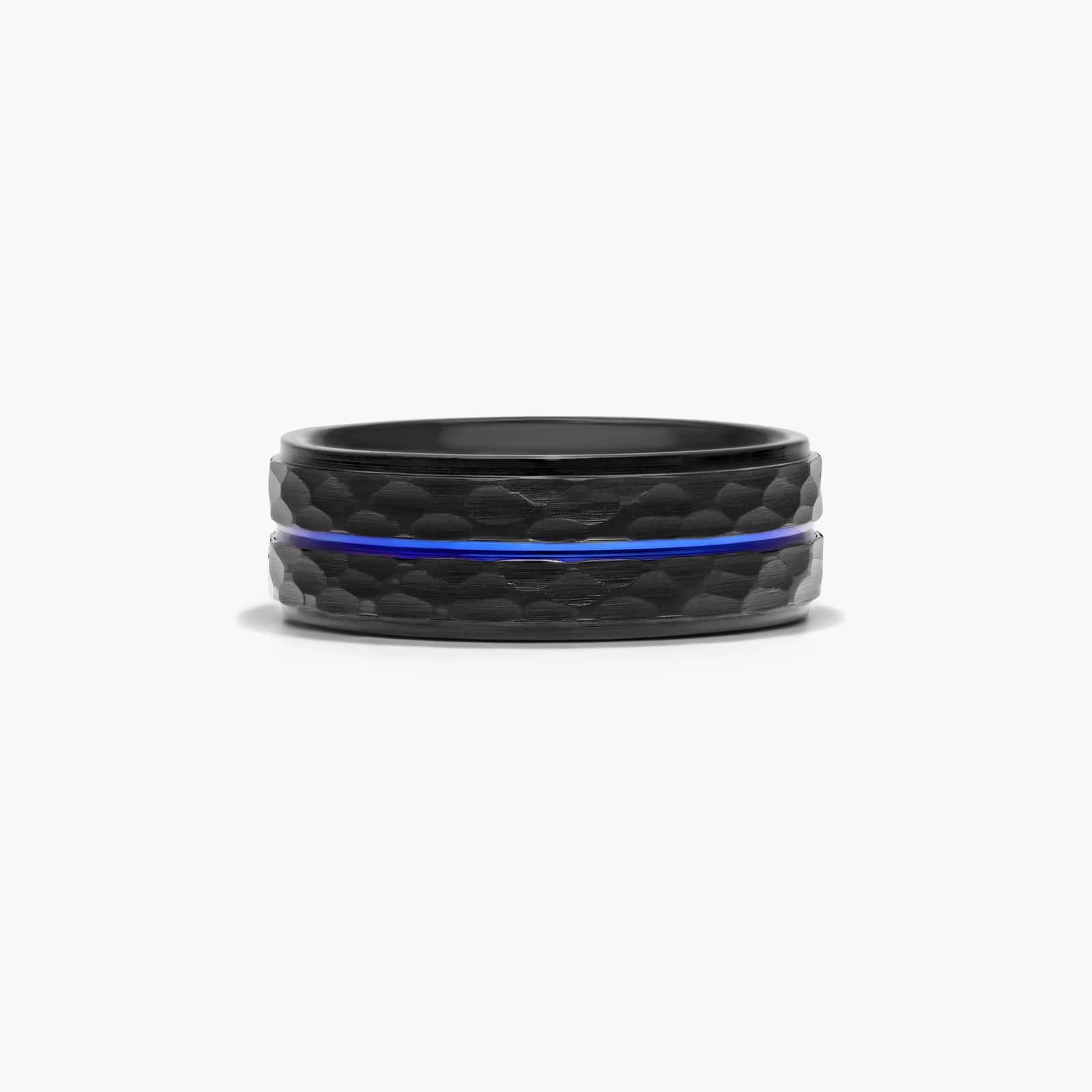 An 8.00mm wide Black and Blue Mens Wedding Ring made of Cobalt metal with a faceted exterior and a central blue stripe inlay.