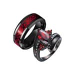 A set of His and Hers Black Wedding Ring Sets: Her ring features a red Synthetic Ruby Marquise center stone on a black V-shaped band, and his ring is a black band with a red Celtic Knot inlay.