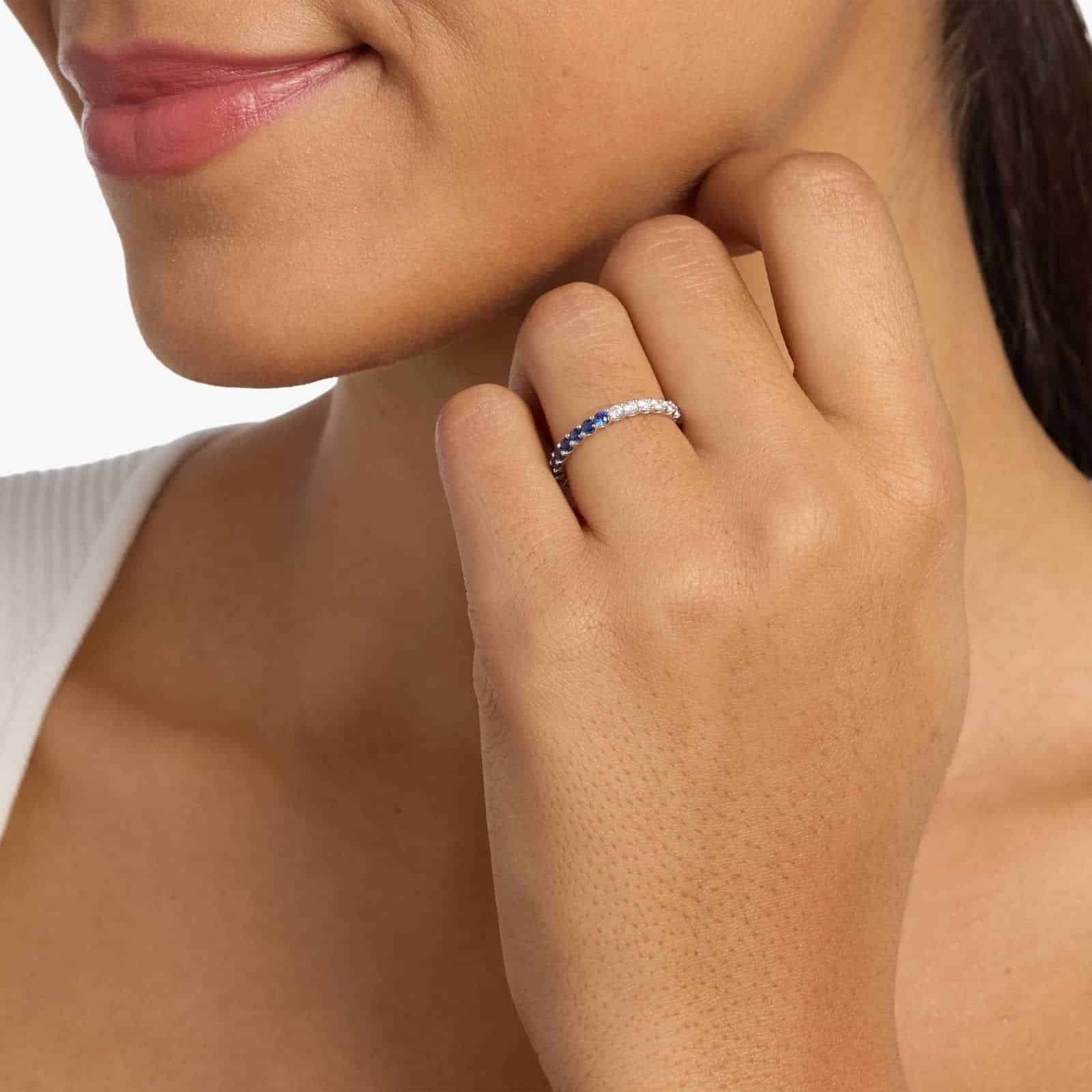 A Half and Half Sapphire and Diamond Eternity Sapphire Wedding Rings For Women band (2.00mm) in 14K White Gold with 0.52 CTW sapphires and 0.48 CTW diamonds.