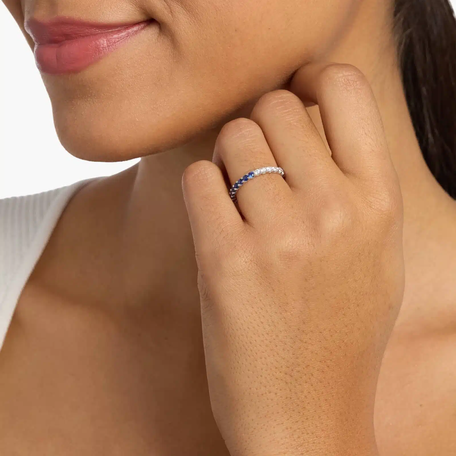 A Half and Half Sapphire and Diamond Eternity Sapphire Wedding Rings For Women band (2.00mm) in 14K White Gold with 0.52 CTW sapphires and 0.48 CTW diamonds.