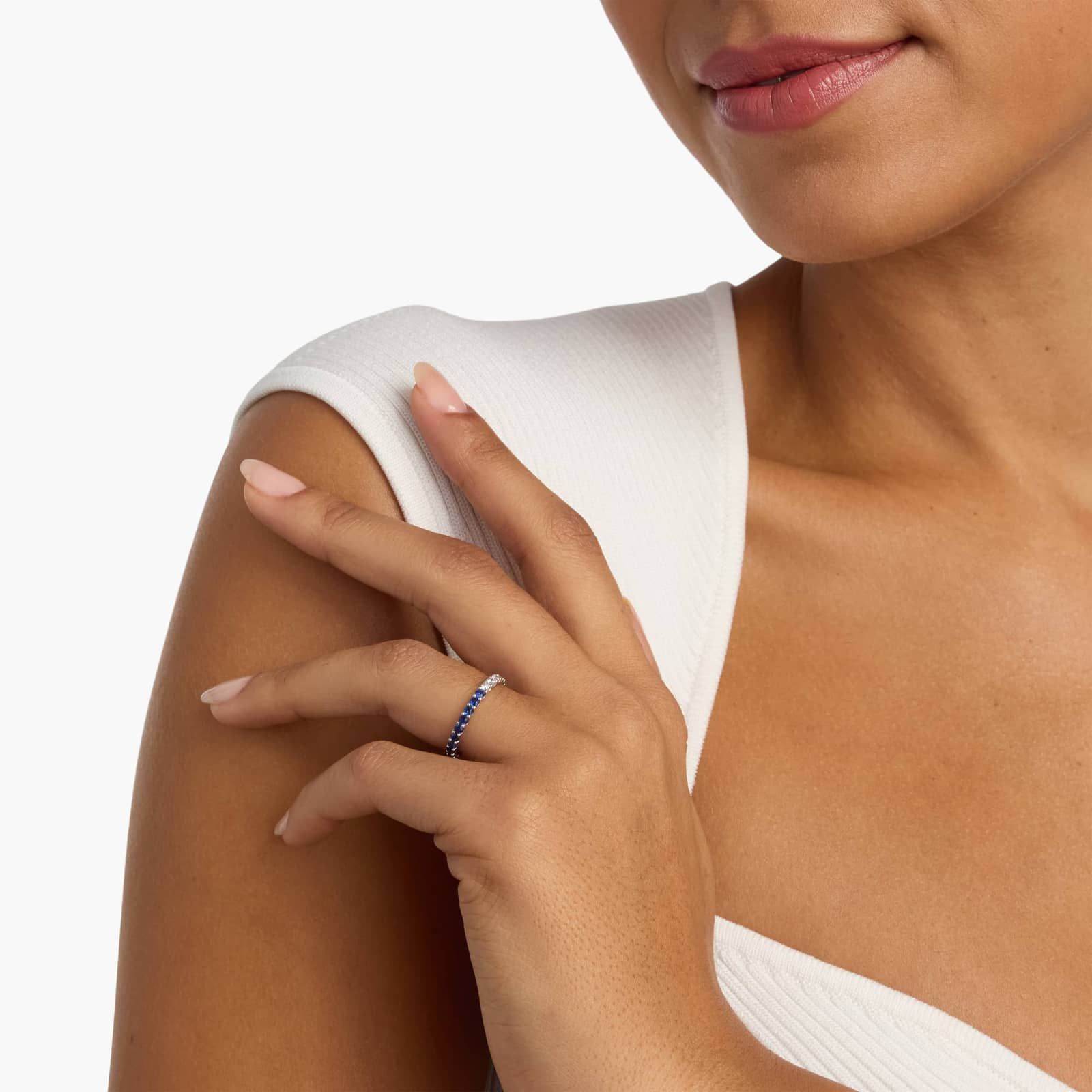 A Half and Half Sapphire and Diamond Eternity Sapphire Wedding Rings For Women band (2.00mm) in 14K White Gold with 0.52 CTW sapphires and 0.48 CTW diamonds.