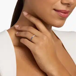 A Half and Half Sapphire and Diamond Eternity Sapphire Wedding Rings For Women band (2.00mm) in 14K White Gold with 0.52 CTW sapphires and 0.48 CTW diamonds.