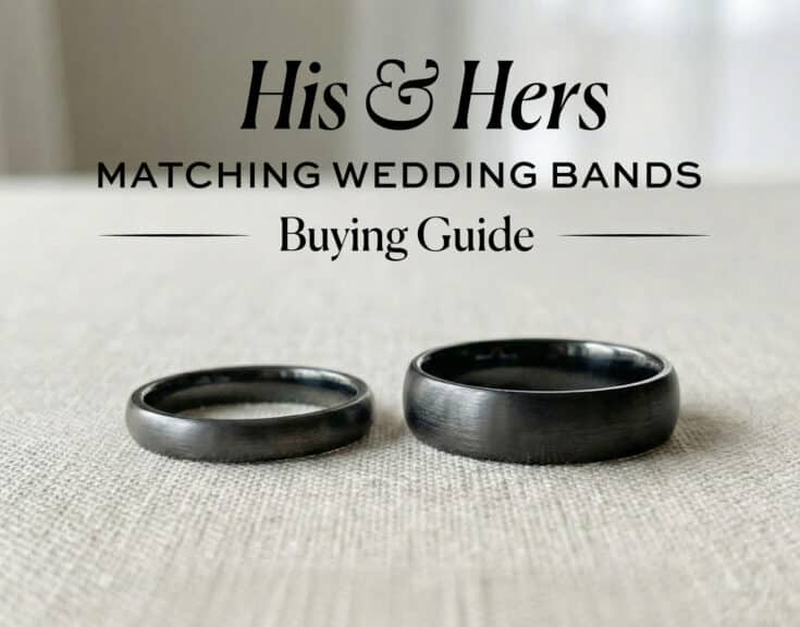 Black and gunmetal finish his and hers matching wedding bands (one narrow, one wide) on a beige linen surface, illustrating a guide to coordinating rings.
