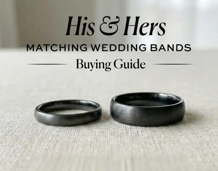 Black and gunmetal finish his and hers matching wedding bands (one narrow, one wide) on a beige linen surface, illustrating a guide to coordinating rings.