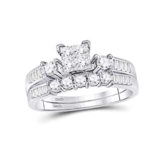 A 10K White Gold Baguette Wedding Band With Engagement Ring two-piece set featuring an invisible-set Princess Cut center and channel-set Baguette and Round diamonds (0.90 CTW).