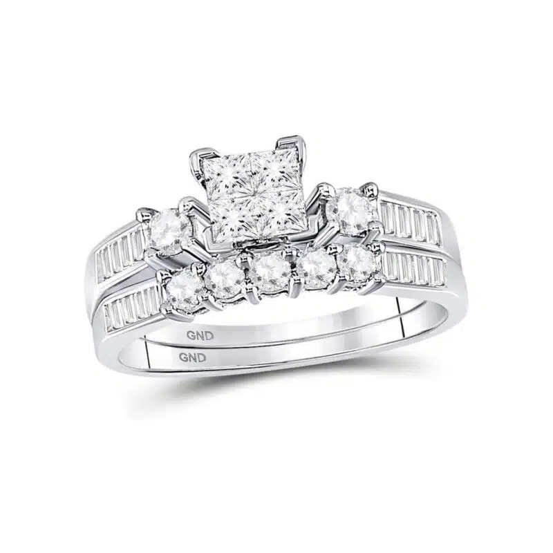 A 10K White Gold Baguette Wedding Band With Engagement Ring two-piece set featuring an invisible-set Princess Cut center and channel-set Baguette and Round diamonds (0.90 CTW).