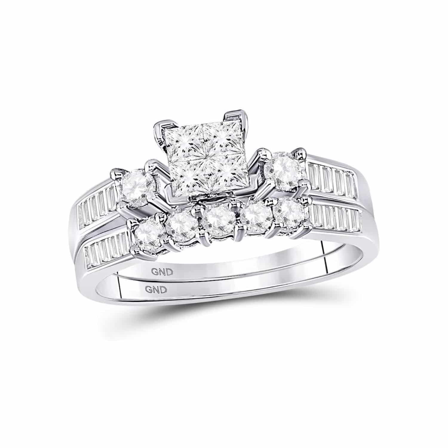 invisible-set-princess-baguette-diamond-baguette-wedding-band-with-engagement-ring-0-90ctw A 10K White Gold Baguette Wedding Band With Engagement Ring two-piece set featuring an invisible-set Princess Cut center and channel-set Baguette and Round diamonds (0.90 CTW).