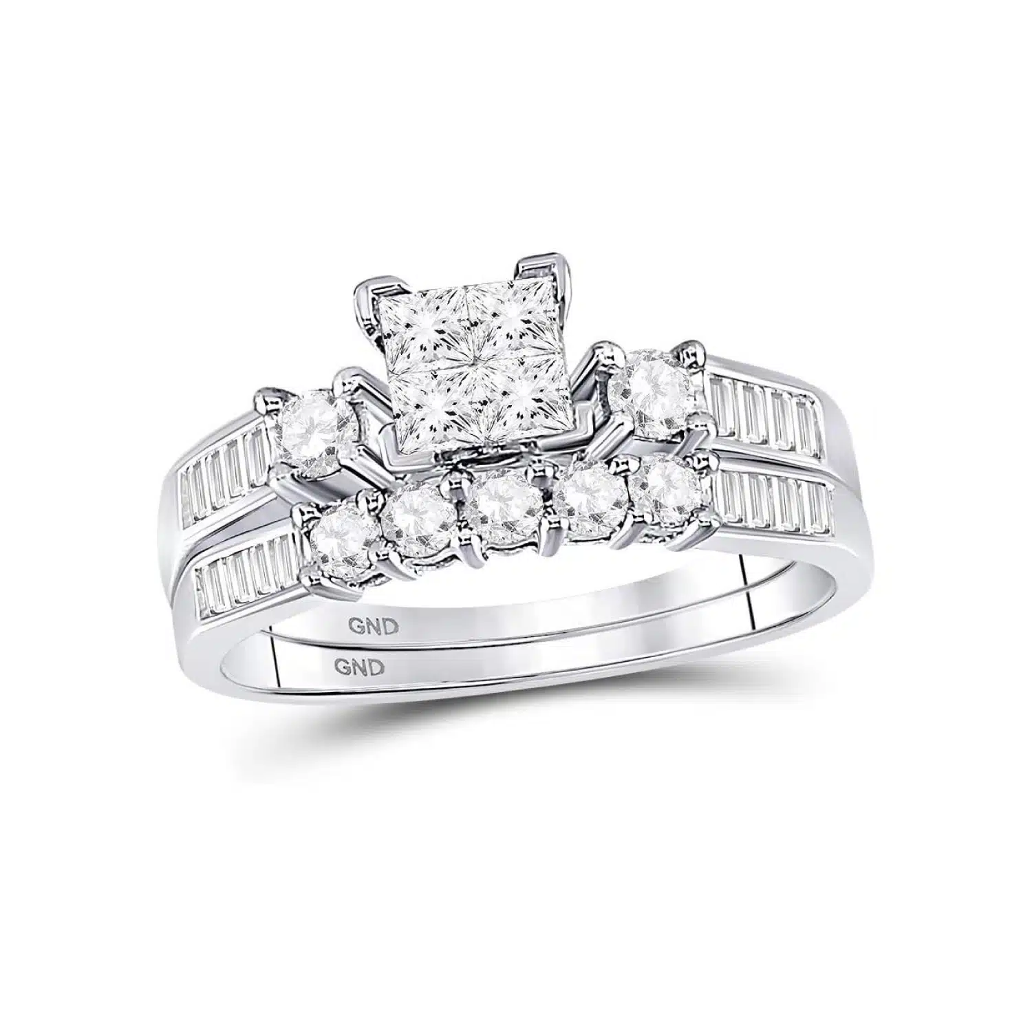 invisible-set-princess-baguette-diamond-baguette-wedding-band-with-engagement-ring-0-90ctw A 10K White Gold Baguette Wedding Band With Engagement Ring two-piece set featuring an invisible-set Princess Cut center and channel-set Baguette and Round diamonds (0.90 CTW).