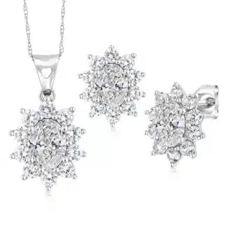 A 10K White Gold White Sapphire Earrings and Pendant Jewelry Set with 2.70 CTW total of Oval Lab Grown Diamonds (DEF/VVS-VS) and Round White Created Sapphires. Earrings have friction backs.