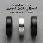 Three men's wedding bands made of different materials (black brushed metal, polished silver, and carbon fiber) are displayed below the title 'Best Material for Men's Wedding Band, AN EXPERT'S A-Z GUIDE'.