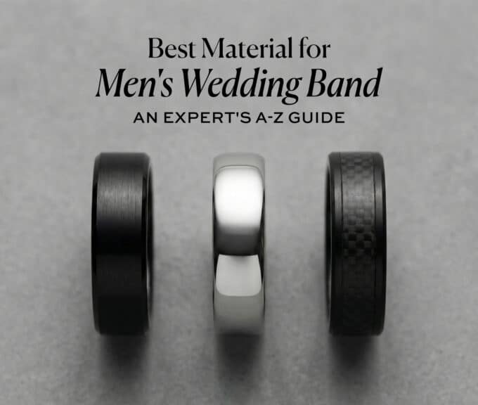 Three men's wedding bands made of different materials (black brushed metal, polished silver, and carbon fiber) are displayed below the title 'Best Material for Men's Wedding Band, AN EXPERT'S A-Z GUIDE'.