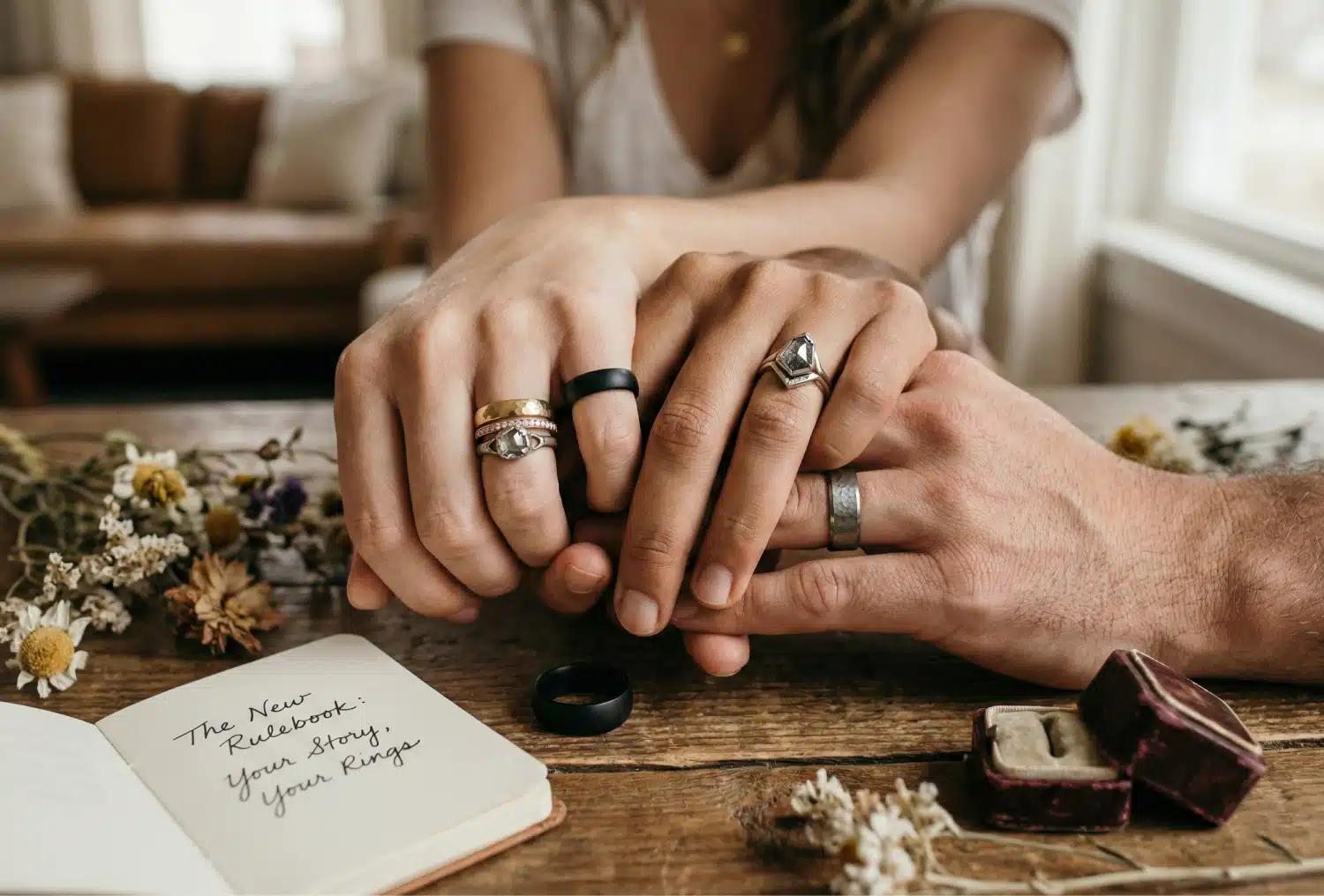 Close-up of a couple's hands displaying mismatched and non-traditional rings, including a unique engagement ring, stacked bands, and a silicone ring, symbolizing the modern rulebook of 'Your Story, Your Rings.'