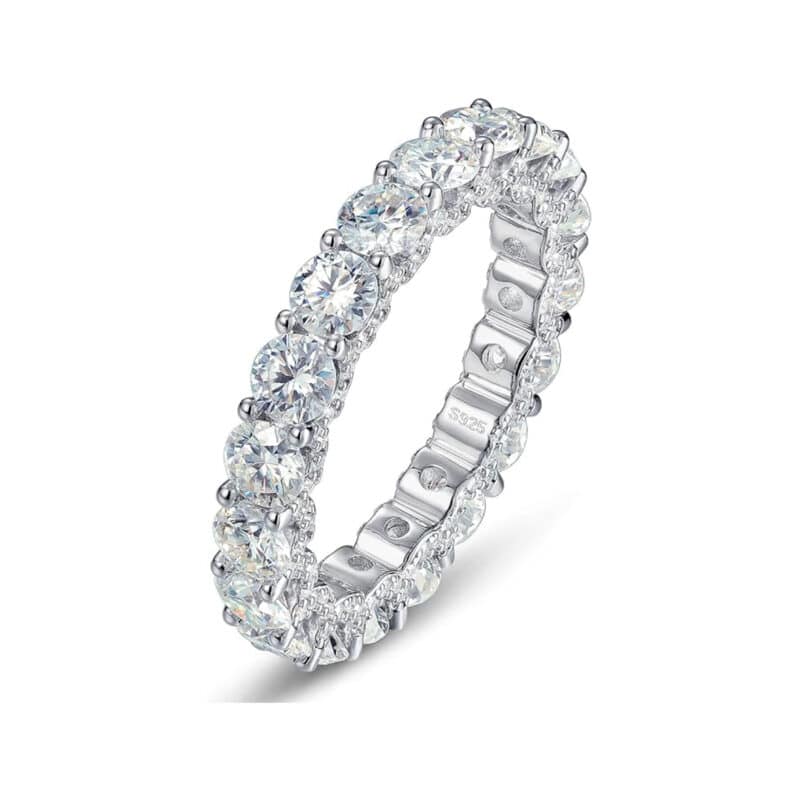 A 925 Sterling Silver Wedding Rings For Women band featuring 5.1 cttw D Color VVS1 Round Moissanite in an Eternity setting.