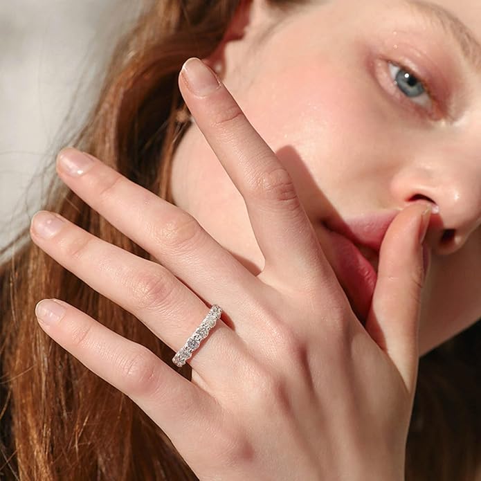 A 925 Sterling Silver Wedding Rings For Women band featuring 5.1 cttw D Color VVS1 Round Moissanite in an Eternity setting.