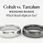 Feature image for a blog post comparing Cobalt and Tantalum wedding bands, displaying the text 'Cobalt vs. Tantalum WEDDING BANDS Which Metal is Right for You?' above a shiny white cobalt ring and a darker, brushed tantalum ring.