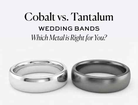 Feature image for a blog post comparing Cobalt and Tantalum wedding bands, displaying the text 'Cobalt vs. Tantalum WEDDING BANDS Which Metal is Right for You?' above a shiny white cobalt ring and a darker, brushed tantalum ring.