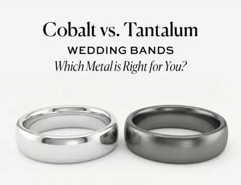 Feature image for a blog post comparing Cobalt and Tantalum wedding bands, displaying the text 'Cobalt vs. Tantalum WEDDING BANDS Which Metal is Right for You?' above a shiny white cobalt ring and a darker, brushed tantalum ring.