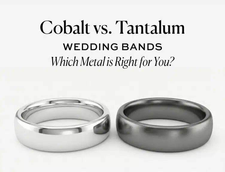 Feature image for a blog post comparing Cobalt and Tantalum wedding bands, displaying the text 'Cobalt vs. Tantalum WEDDING BANDS Which Metal is Right for You?' above a shiny white cobalt ring and a darker, brushed tantalum ring.