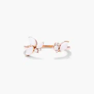 A 14K Rose Gold Open Ring Opal Wedding Rings For Women with asymmetrically set Marquise Cabochon Opals (0.46 CTW min) and Round Diamond accents.