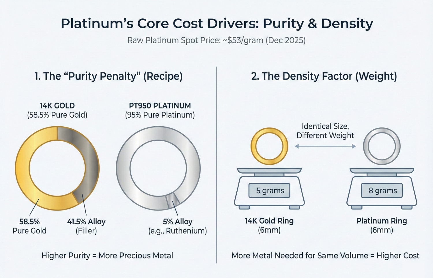 A side-by-side infographic illustrating "Platinum's Core Cost Drivers: Purity & Density." On the left, two donut charts show the "Purity Penalty": 14K Gold is 58.5% Pure Gold and 41.5% Alloy (Filler), while PT950 Platinum is 95% Pure Platinum and 5% Alloy (e.g., Ruthenium). On the right, the "Density Factor" is shown: an identical 6mm 14K Gold ring weighs 5 grams on a scale, while the same size Platinum ring weighs 8 grams on a scale, demonstrating that platinum requires more material for the same volume.
